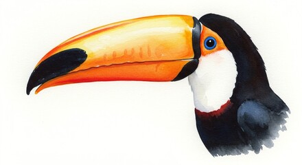 Watercolor painting showcasing a toucan's vivid beak and striking plumage on a white background.
