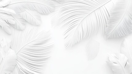 Fototapeta premium Monochromatic tropical leaves arranged artfully on a light background. Detailed veining and textures of white palm leaves create a delicate design