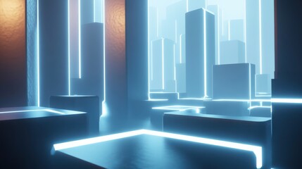 Obraz premium Futuristic cityscape viewed through a glowing, geometric portal. Neon lights illuminate sleek, dark structures
