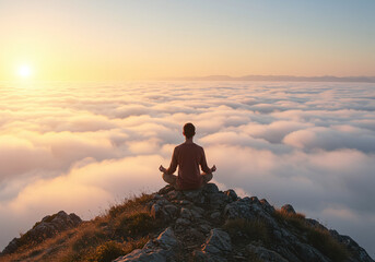 Obraz premium person meditating on mountain in clouds ethereal peak view