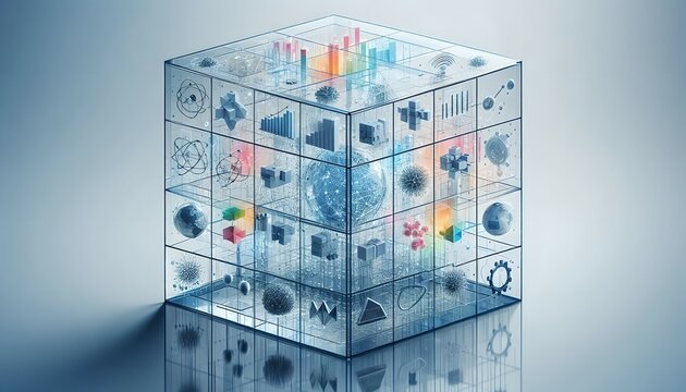 Transparent cube w/ scientific & technological concepts on light blue.