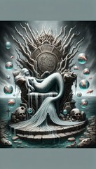 Fototapeta premium Mermaid queen on stone throne in mystical underwater realm