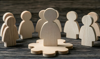 Wooden figures on a textured surface, a leader stands out among a crowd, on top of a gear