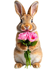 Obraz premium Bunny Holding Pink Tulips, Transparent Background. Spring, Easter, Gift.