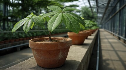 Fototapeta premium A cheerful greenhouse filled with an array of potted flowering plants, creating a lively and inviting garden center atmosphere - background design abstract texture