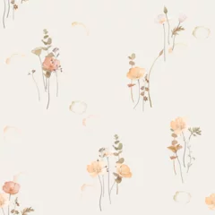 Fototapeten Floral seamless pattern features delicate California Poppy flowers and various plants in shades of peach, orange, and brown on a light beige background, creating a warm and inviting color palette © momosama
