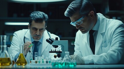 Male Doctor and Lab Technician Performing Research Health Data Using Beakers Chemical Substances and Microscopes In a Sterile Hospital Lab