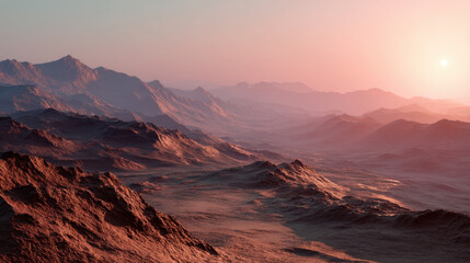 Serene Martian landscape at sunrise with soft warm light casting long shadows over rugged red rocky mountains and valleys, evoking peaceful and otherworldly atmosphere