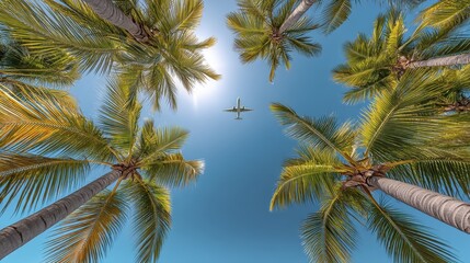 Fototapeta premium Coastal airplane flight, clear sky, palm trees Idyllic tropical scene, vibrant colors, perfect travel photo - abstract design texture seamless