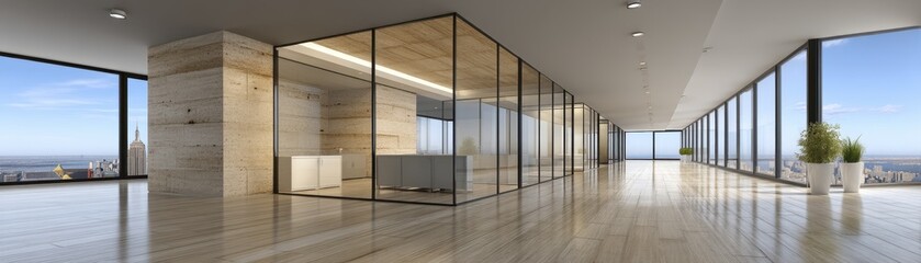 Spacious, empty office with glass walls & doors Clean, bright interior perfect for showcasing commercial spaces - empty available professional commercial lines