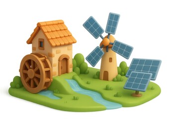 Renewable Energy Concept with Windmill and Solar Panels in Nature