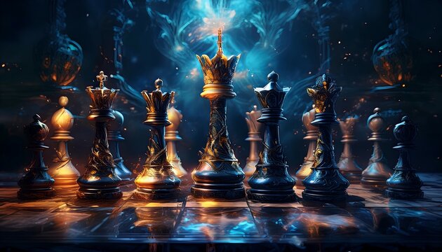 Ornate glowing metal chess pieces on a reflective board