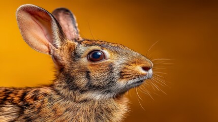 Fototapeta premium Adorable Easter Bunny Close up Brown Rabbit Profile Golden Background