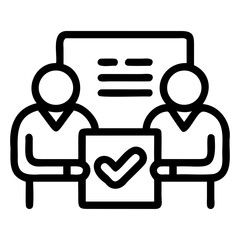 Icon of two people holding a document with a checkmark symbol, line drawing, minimalist design, isolated on a transparent background