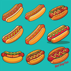 Colorful Hot Dogs with Various Toppings  Perfect for Food Themed Designs