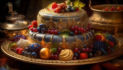 Naklejka premium Gold and black cake with fresh fruits on gold platter