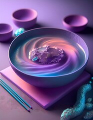 Cosmic soup with crystallized purple formations, magic