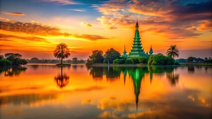 Fototapeta premium Serene Sunset Reflecting on Calm Waters, Illuminating an Ancient Pagoda on a Small Island, Creating a Picturesque and Tranquil Scene