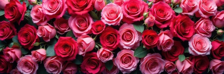 Naklejka premium Vibrant rose wall, lush blooms, romantic backdrop, colorful, petals, nature
