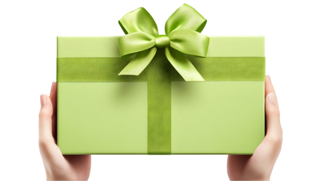 Hand Holding Light Green Gift Box With Ribbon And Bow Illustration