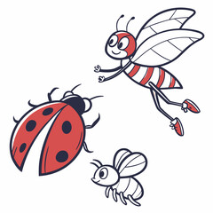 Funny Cartoon Insects Vector Illustration Of Ladybug Bee And Flying Bug