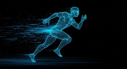 Fototapeta premium A luminous, polygonal runner dashes forward against a stark black backdrop, energy trails