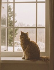 窓辺の子猫が外を眺めている