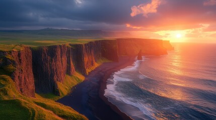 Naklejka premium Dramatic sunset over black sand beach and cliffs