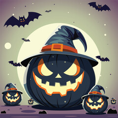 Art & Illustration 2D Flat cartoon jack-o'-lantern with glowing eyes and a big toothy smile. Great for Halloween designs, party invites, and spooky merchandise.