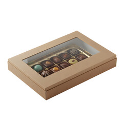 Assorted chocolates in a tan box with a clear window showing the sweet treats inside the container on transparent background
