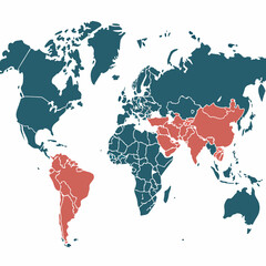 World Map Illustration Highlighting South America Asia And Middle East In Red