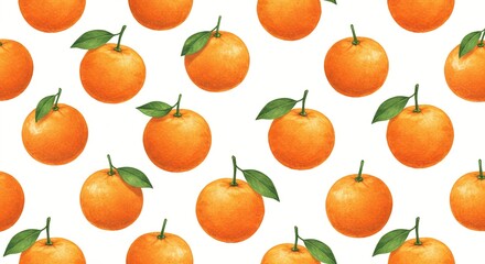 Vibrant fruit pattern featuring fresh, juicy citrus fruit with leaves on a white background.
