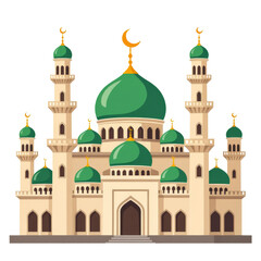 Fototapeta premium Cartoon Mosque with Green Domes & Crescent Moons, Transparent Background