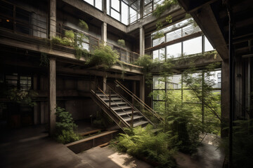 Fototapeta premium Overgrown architecture building plants nature urban decay stairs abandoned greenery windows light design