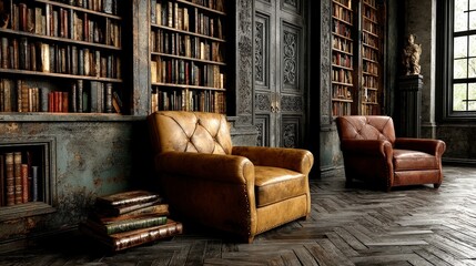 Dark Academia Library  Leather Chairs  Bookshelves  Intricate Doors