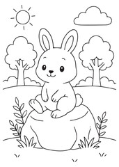 Coloring book Cute bunny sitting on a rock in a sunny field