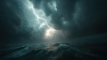Powerful lightning bolt strikes through dark storm clouds over turbulent ocean, creating intense and dramatic natural scene filled with energy and movement