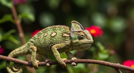 Obraz premium Chameleon on Branch: Vibrant Green Reptile in Lush Garden