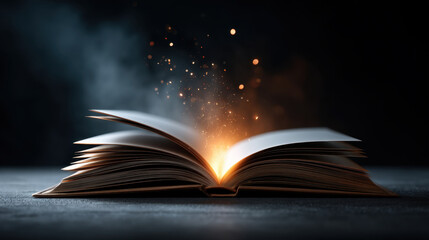 Open book with glowing magical light and sparks rising from its center, creating mysterious and enchanting atmosphere on dark surface