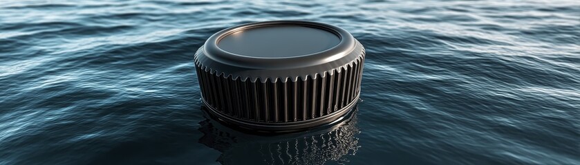 Black plastic bottle cap floats on water surface, pollution, environmental problem - floating problem waste image marine liquid