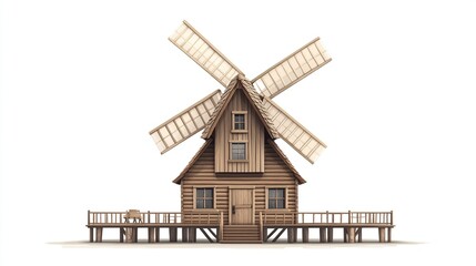 Wooden windmill house on a deck, isolated on white.