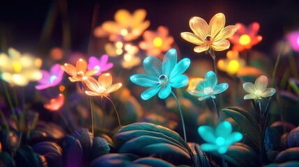 Luminous ethereal flowers in an enchanted twilight garden glow with vibrant light