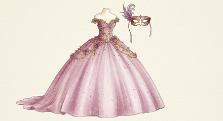 Elegant mauve ballgown with floral accents and a masquerade mask for a grand ball.