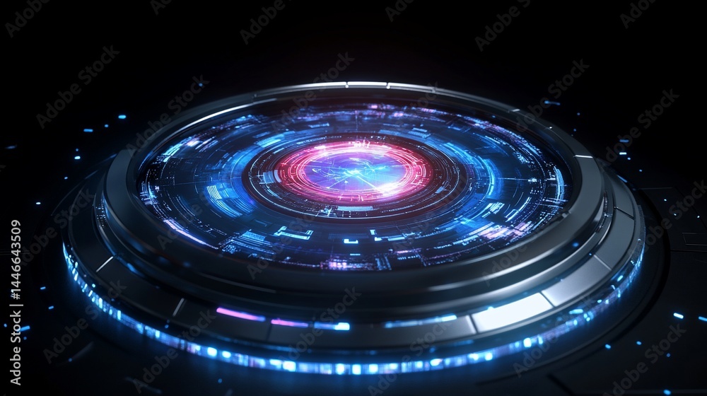 Poster futuristic technology interface with glowing circular elements and data streams