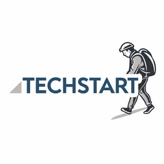 Techstart Business Logo Featuring Man With Backpack Walking Forward Confidently