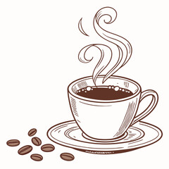 Steaming Cup Of Coffee With Coffee Beans Hand Drawn Illustration