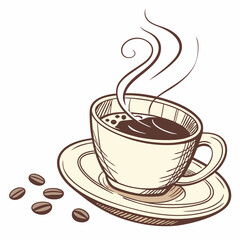 Steaming Coffee Cup Illustration With Coffee Beans On White Background