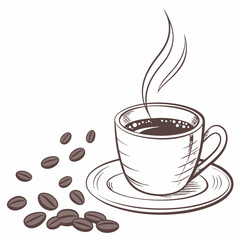 Vector Illustration Of Steaming Coffee Cup With Coffee Beans Scattered Around