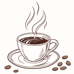 Steaming Cup Of Coffee On Saucer With Scattered Coffee Beans Illustration