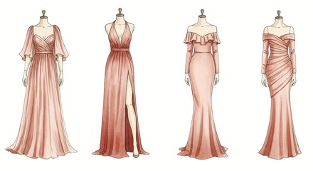 Four elegant evening gowns in varying styles displayed on dress forms. 